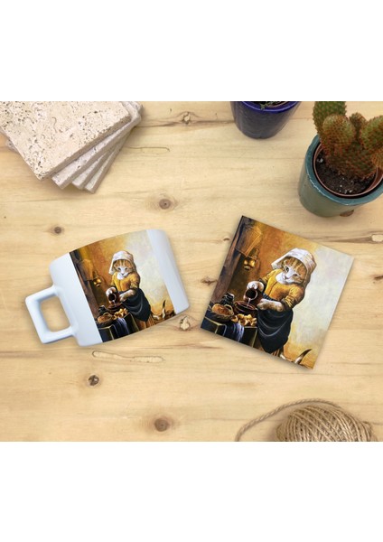 Kediler ve Sanat/johannes Vermeer The Milkmaid Set 4 - Fincan Kupa-Taş Bardak Altlığı 1