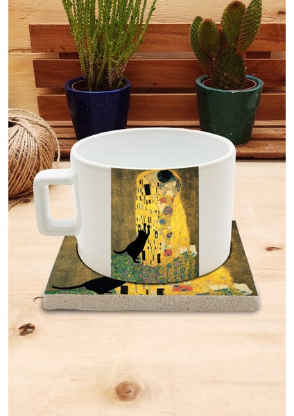 Kediler ve Sanat/gustav Klimt The Kiss Set 4 - Fincan Kupa-Taş Bardak Altlığı 4