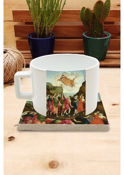 Kediler ve Sanat/sarı Kedi Set 4 - Çay/kahve Fincanı Kupa-Taş Bardak Altlığı 3