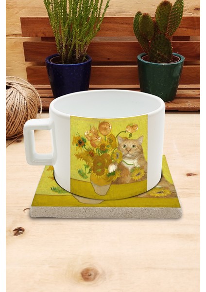 Kediler ve Sanat/van Gogh Set 4 - Vase With Fifteen Sunflowers (Onbeş Ayçiçekli Vazo) Fincan Kupa-Taş Bardak Altlığı 10