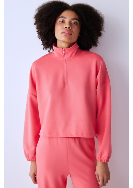 Mercan Yarım Fermuarlı Silky Touch Crop Sweatshirt