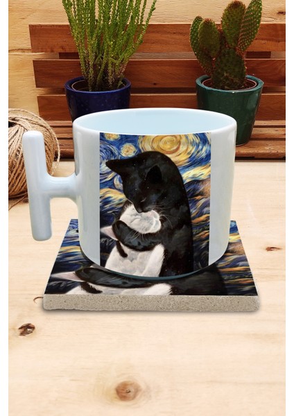 Kediler ve Sanat/van Gogh Yıldızlı Gece The Starry Night Set 9 - T Kulplu Fincan Kupa-Taş Bardak Altlığı 4
