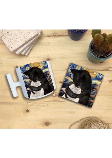 Kediler ve Sanat/van Gogh Yıldızlı Gece The Starry Night Set 9 - T Kulplu Fincan Kupa-Taş Bardak Altlığı 4