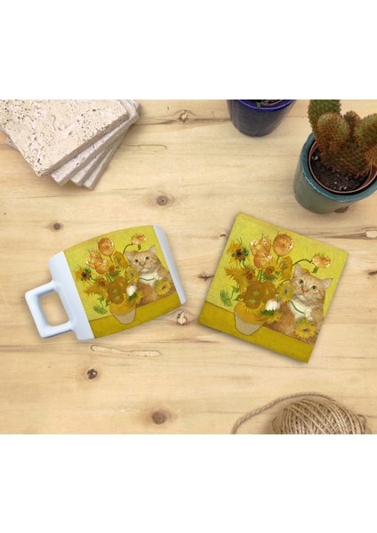 Kediler ve Sanat/van Gogh Set 4 - Vase With Fifteen Sunflowers (Onbeş Ayçiçekli Vazo) Fincan Kupa-Taş Bardak Altlığı 10 fiyatları