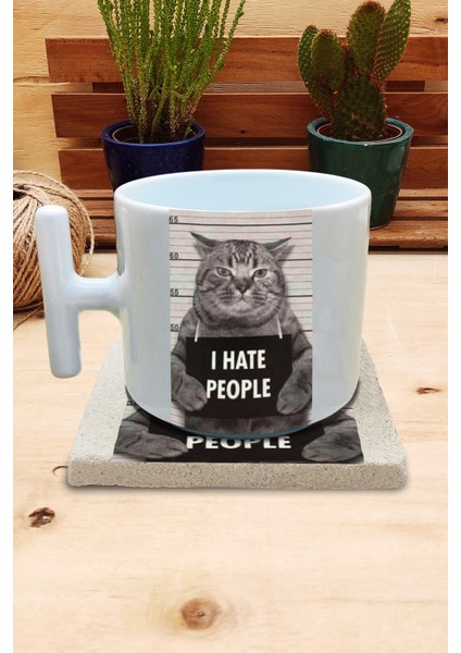 Kediler ve Sloganlar/ı Hate People Set 9 T Kulplu Fincan Kupa-Taş Bardak Altlığı 2