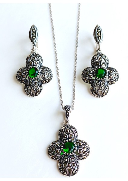 Gümüş Markazit Yeşil Taşlı Otantik Tasarım Kolye Küpe Kadın Set