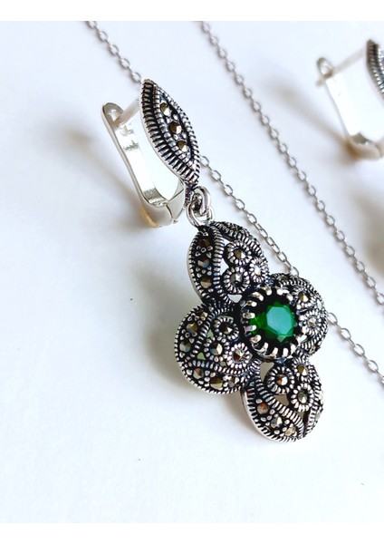 Gümüş Markazit Yeşil Taşlı Otantik Tasarım Kolye Küpe Kadın Set
