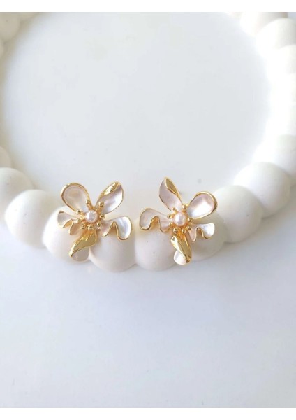 Çelik Gold Incili Çiçek Kadın Küpe - Blossom