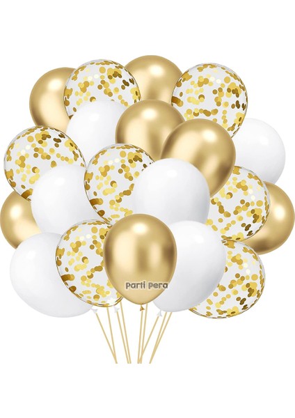 Parti Pera 40 Adet Balon Krom Gold Beyaz Konfetili Şeffaf Balon Beyaz Pastel Balon Zincir Seti Balon Buketi Doğum Günübalonseti