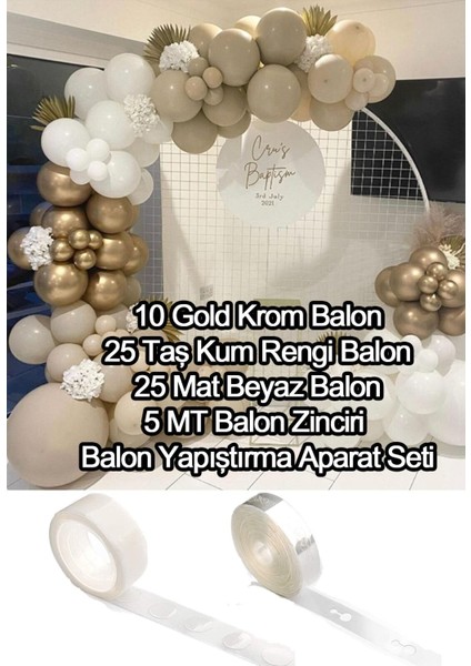 Balon Diyarı 10 Krom Gold, 25 Beyaz Ve 25 Taş Kum Rengi Balon Zinciri Doğum Günü Nişan Kına Pastel Bride Seti