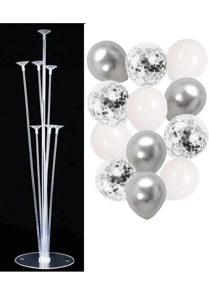 7'li Balon Standı ve 15 Adet Gümüş-Beyaz-Şeffaf Konfetili Balon Set