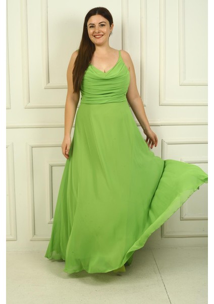 Kadın Ip Askılı Önü Drapeli Astarlı Büyük Beden Uzun Şifon Elbise