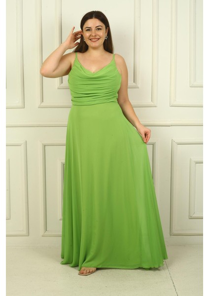 Kadın Ip Askılı Önü Drapeli Astarlı Büyük Beden Uzun Şifon Elbise fiyatları