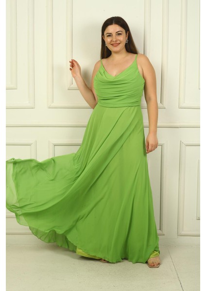 Kadın Ip Askılı Önü Drapeli Astarlı Büyük Beden Uzun Şifon Elbise modelleri