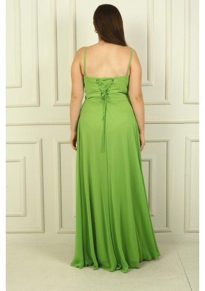 Kadın Ip Askılı Önü Drapeli Astarlı Büyük Beden Uzun Şifon Elbise fırsatları