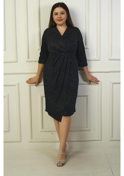 Kadın Kruvaze Yaka Uzun Kollu Astarlı Pileli Beli Aksesuar Detaylı Büyük Beden Simli Kısa Elbise modelleri