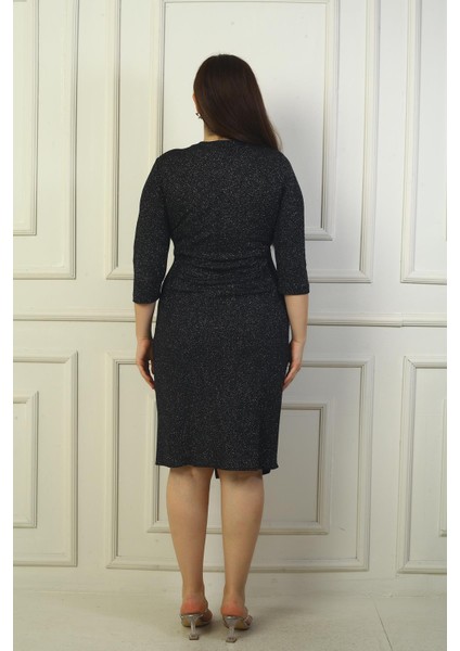 Kadın Kruvaze Yaka Uzun Kollu Astarlı Pileli Beli Aksesuar Detaylı Büyük Beden Simli Kısa Elbise fırsatları