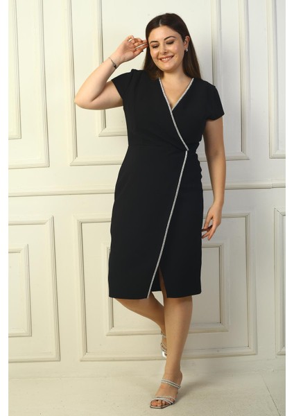 Kadın Kruvaze Yaka Yarım Ay Kollu Taş Detaylı Önü Yırtmaçlı B.b. Elbise fiyatları