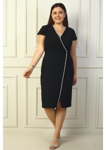 Kadın Kruvaze Yaka Yarım Ay Kollu Taş Detaylı Önü Yırtmaçlı B.b. Elbise modelleri