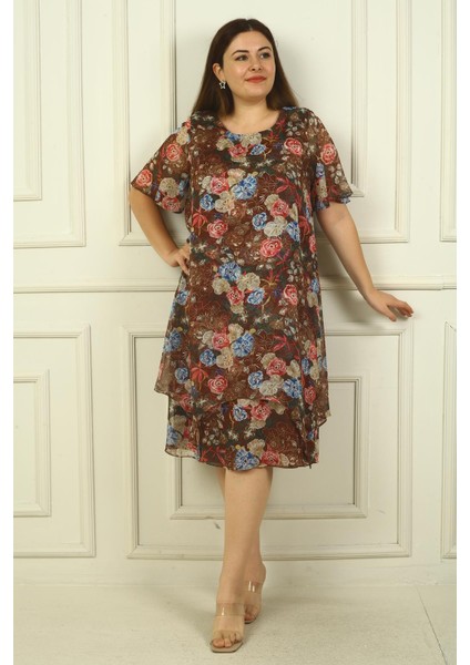 Kadın Yuvarlak Yaka Kısa Kollu Astarlı Çift Katlı Çiçekli Büyük Beden Şifon Elbise fiyatları