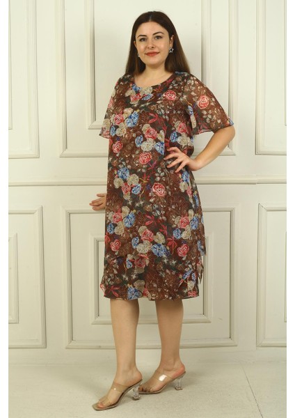 Kadın Yuvarlak Yaka Kısa Kollu Astarlı Çift Katlı Çiçekli Büyük Beden Şifon Elbise modelleri