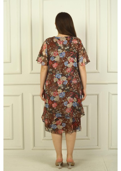 Kadın Yuvarlak Yaka Kısa Kollu Astarlı Çift Katlı Çiçekli Büyük Beden Şifon Elbise fırsatları