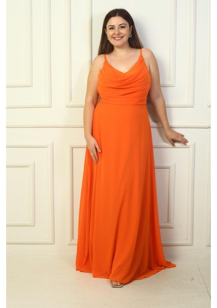 Kadın Ip Askılı Önü Drapeli Astarlı Büyük Beden Uzun Şifon Elbise fiyatları