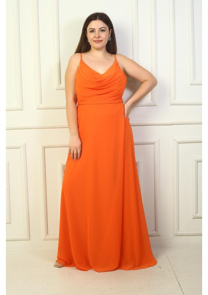 Kadın Ip Askılı Önü Drapeli Astarlı Büyük Beden Uzun Şifon Elbise modelleri