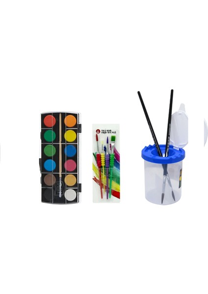 12'li Sulu Boya (Büyük Tablet) + 4'lü Sulu Boya Fırçası + Fırça Temizleme Kabı