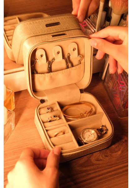 Taskutu Mini Takı Kutusu -Mücevhe Kutusu -Seyahat Için-Bej Renk