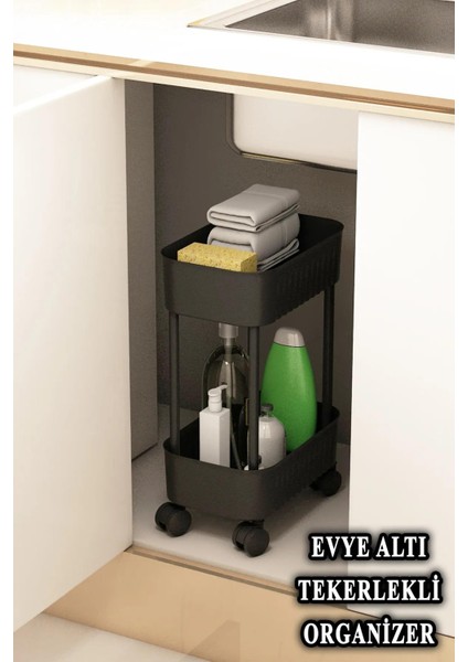 Çok Amaçlı 2 Katlı Banyo Dolabı, Evye Altı Düzenleyici Dolap Içi Tezgah Altı Tekerlekli Organizer - Deterjanlık, Dolap Içi Raf