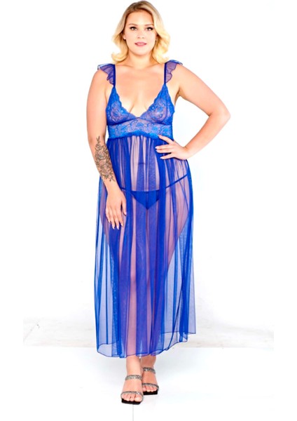 Mavi Şık Özel Tasarım Tül Transparan Uzun Kadın Gecelik 3xl