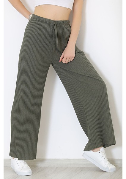 Yüksek Bel Yumuşacık Fitilli Beli Lastikli Günlük Rahat Kadın Pijama Haki modelleri