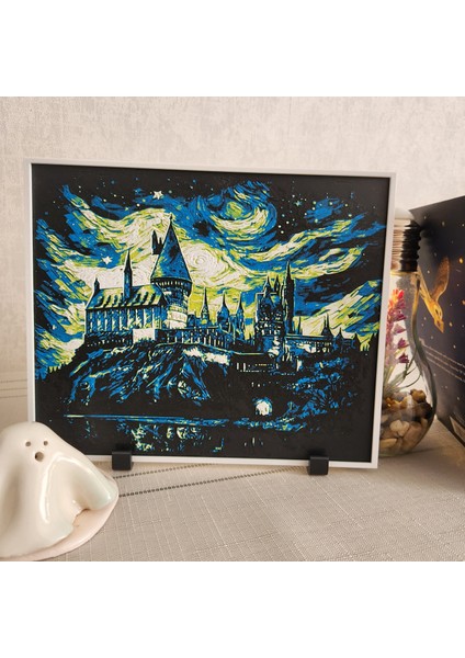 Altındal Home Hogwarts & Yıldızlı Gece: Van Gogh Temalı Kabartmalı 3D Renkli Tablo + Stand  Dekor Dekorasyon