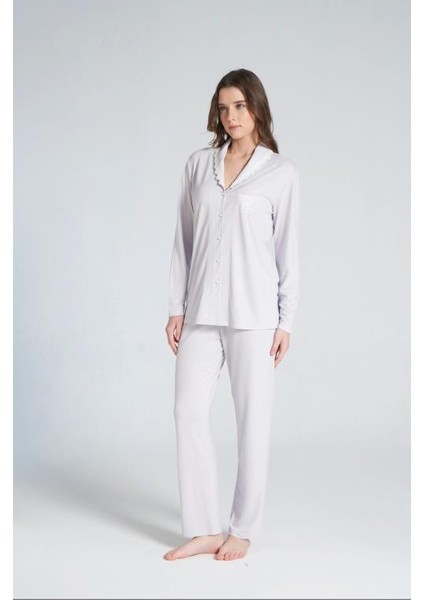 1704 Önden Düğmeli Uzun Kol Pijama Takım