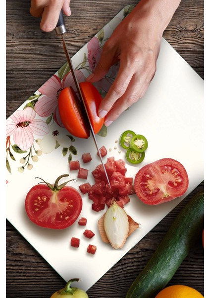 Cam Kesme Tahtası ve Sunumluk ve Sunum Tabağı Vintage Bej Renkli Çiçekler 30 X 40 cm indirimleri