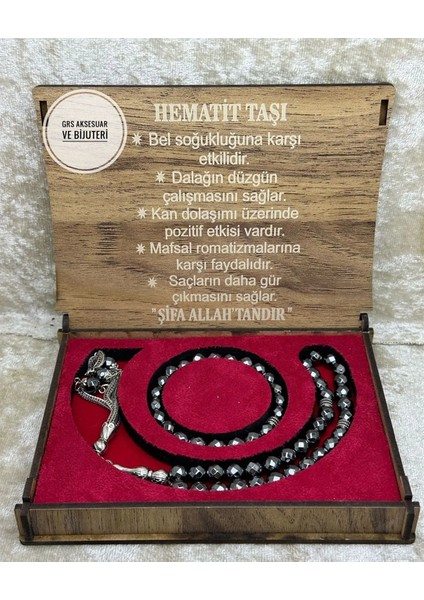 Doğaltaş Hematit Taşı Kutulu Tesbih Bileklik Seti