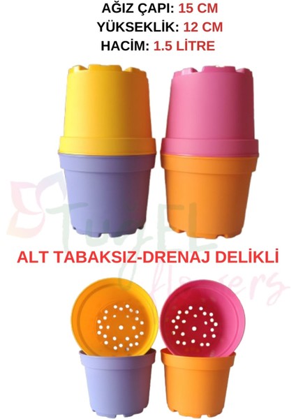 Tuğel Flowers 8 Adet 4 Renkli Plastik Saksı (1,5 LİTRELİK) Alt Tabaksız