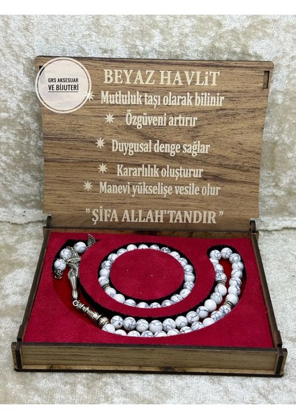 Doğaltaş Beyaz Havlit Taşı Kutulu Tesbih Bileklik Seti