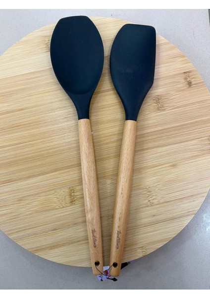 Tantitoni Bambu Saplı Füme Renkli Silikon Büyük Kaşık ve Spatula Set