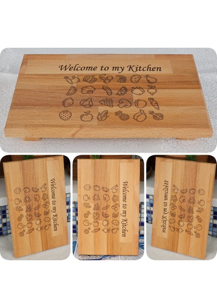 Royal Hediyelik 1 Adet 30X20CM Ahşap Sebze Emojili Kesme Tahtası 4 Ayaklı Welcome To My Kitchen Yazılı