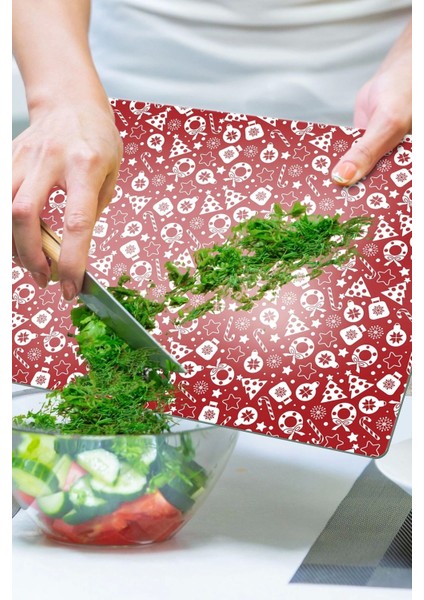 Cam Kesme Tahtası Kırmızı Yılbaşı Desenli 20 X 30 cm modelleri