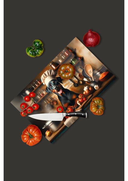 Cam Kesme Tahtası Mutfak ve Şirin Köpek Temalı 35 X 23 cm