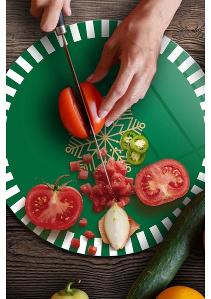 Cam Kesme Tahtası Yuvarlak Yeşil Beyaz Kar Tanesi Desenli 30 X 30 cm fiyatları