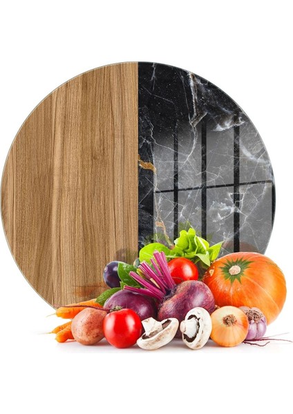 Cam Kesme Tahtası Yuvarlak Ahşap ve Mermer Desenli 30 X 30 cm