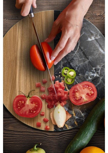 Cam Kesme Tahtası Yuvarlak Ahşap ve Mermer Desenli 30 X 30 cm fiyatları