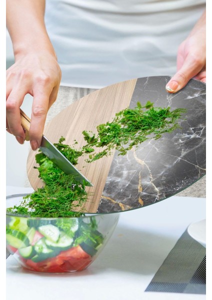 Cam Kesme Tahtası Yuvarlak Ahşap ve Mermer Desenli 30 X 30 cm modelleri