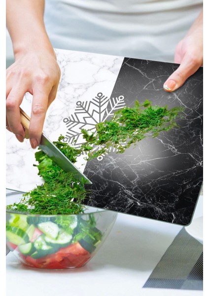 Cam Kesme Tahtası Siyah Beyaz Kar Tanesi Desenli 20X30 cm modelleri