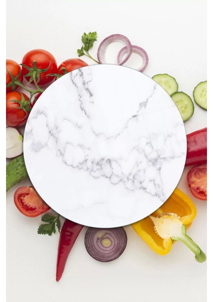 Cam Kesme Tahtası Yuvarlak Beyaz Mermer Desenli 30X30 cm