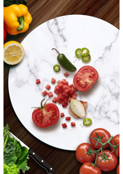 Cam Kesme Tahtası Yuvarlak Beyaz Mermer Desenli 30X30 cm fiyatları